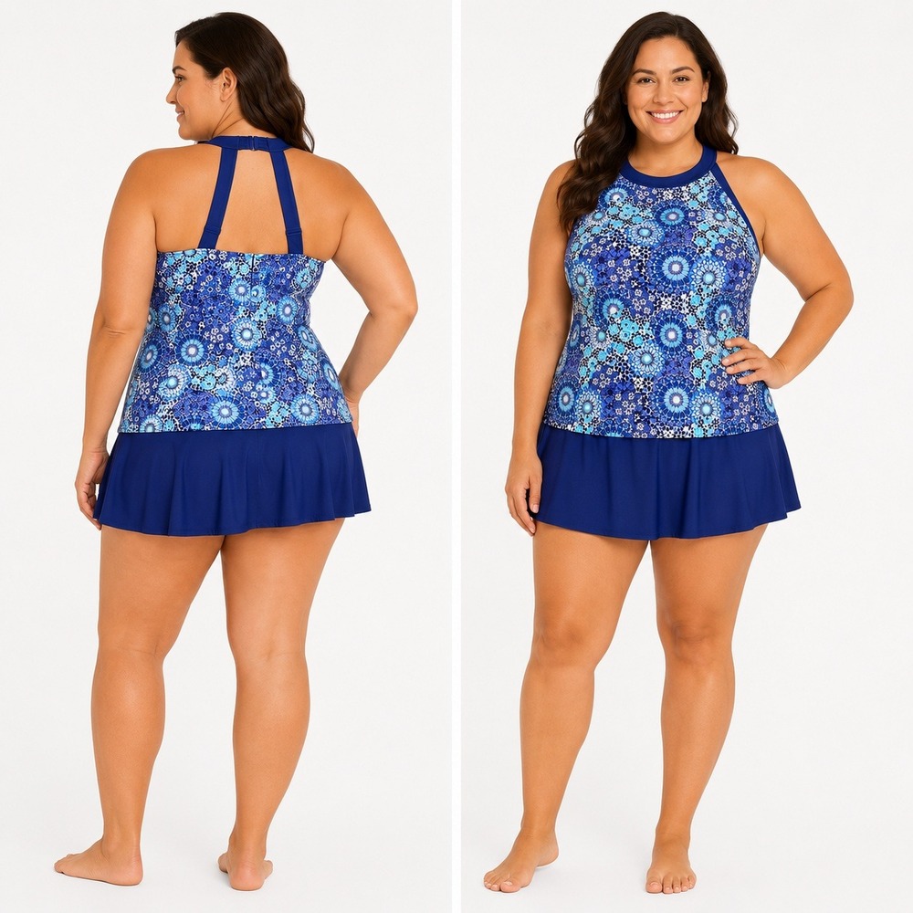 Ocean Dream Blue Floral High Neck Halter Tankini Swim Set Skirted Bottom Size 12